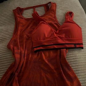 Red camp tank top with matching sports bra